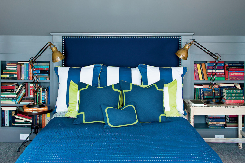 Inspiration for a country carpeted and blue floor bedroom remodel in Atlanta with blue walls
