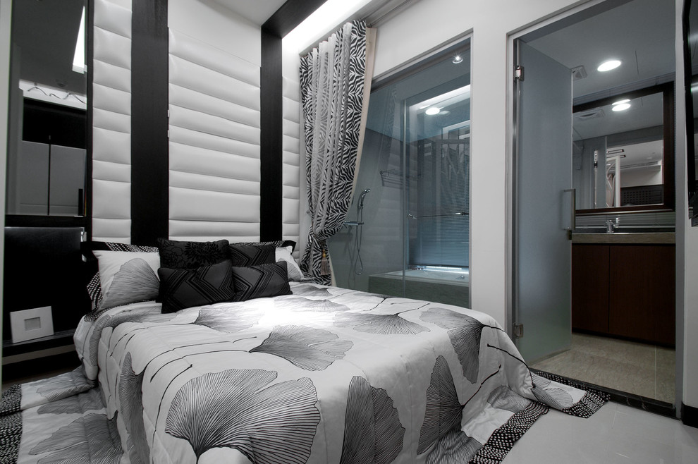 Идея дизайна: спальня в современном стиле с белыми стенами