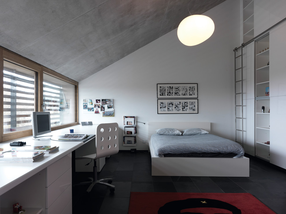 Идея дизайна: спальня в стиле модернизм с белыми стенами и рабочим местом