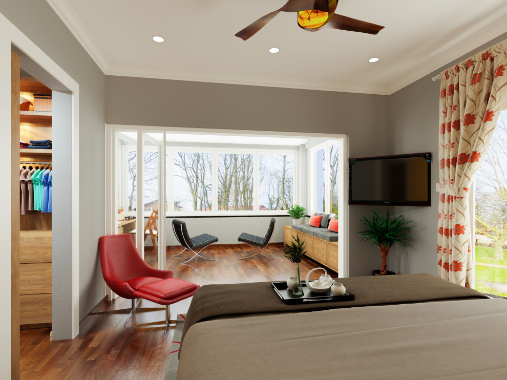 Imagen de dormitorio principal minimalista de tamaño medio sin chimenea con paredes grises, suelo de madera en tonos medios y suelo marrón