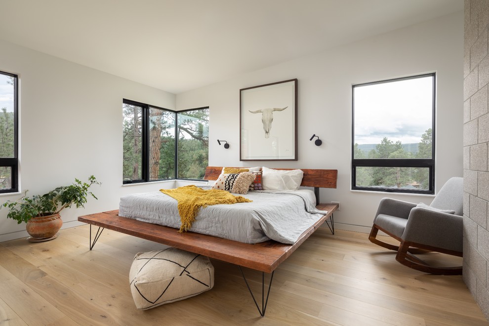 Photo of a midcentury bedroom in Denver with white walls, light hardwood flooring and no fireplace.