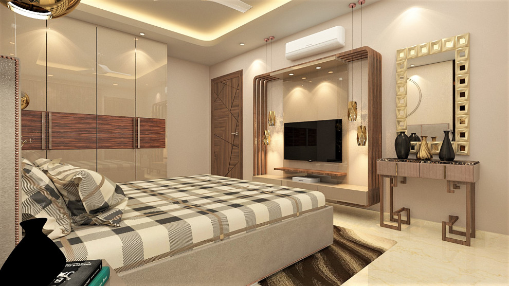 Ejemplo de dormitorio principal moderno con paredes beige, suelo de mármol, suelo beige, casetón y panelado