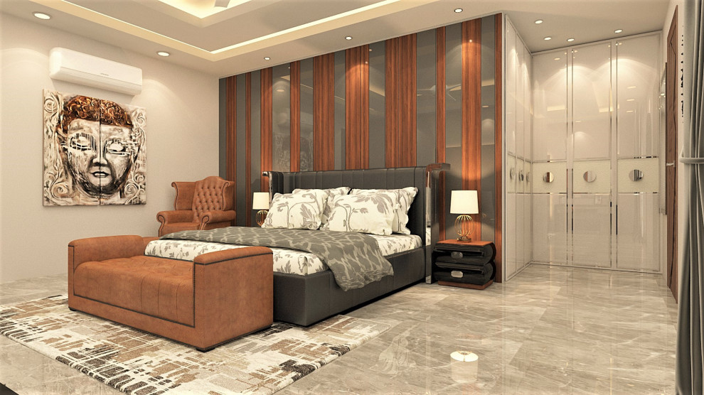 Modernes Hauptschlafzimmer mit beiger Wandfarbe, Marmorboden, grauem Boden und Wandpaneelen in Delhi