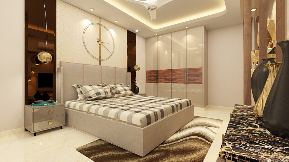 На фото: хозяйская спальня в стиле модернизм с бежевыми стенами, мраморным полом, бежевым полом, кессонным потолком и панелями на части стены с