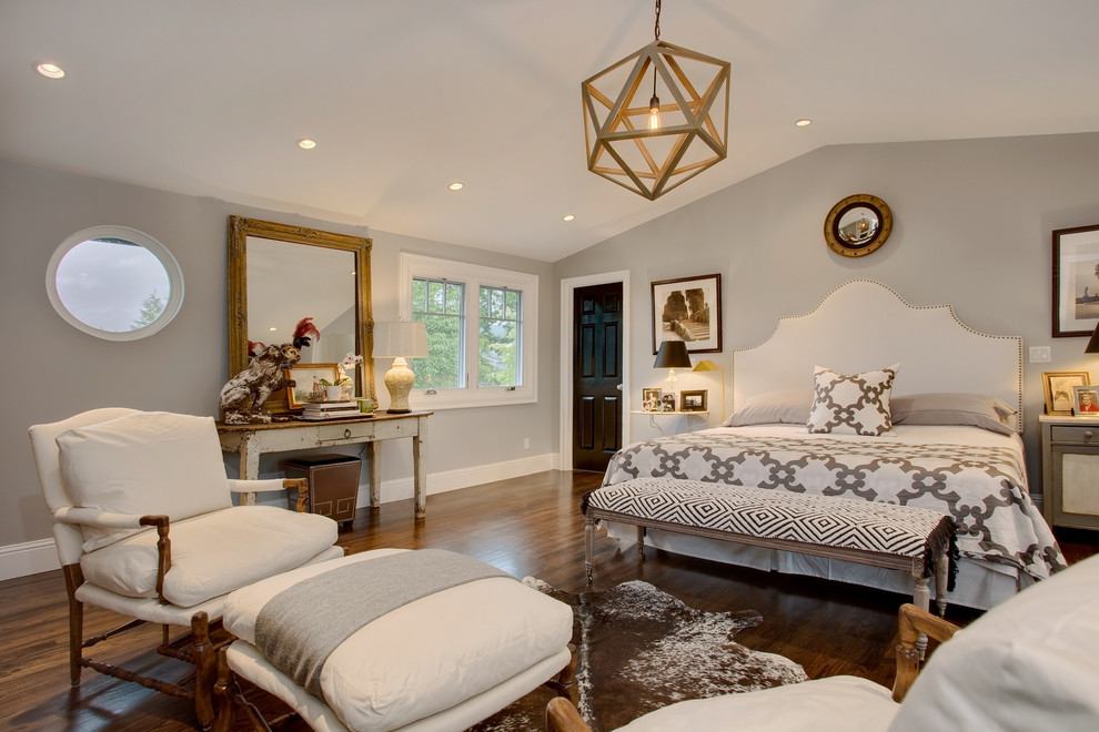 Bedroom - transitional master dark wood floor bedroom idea in Seattle with gray walls