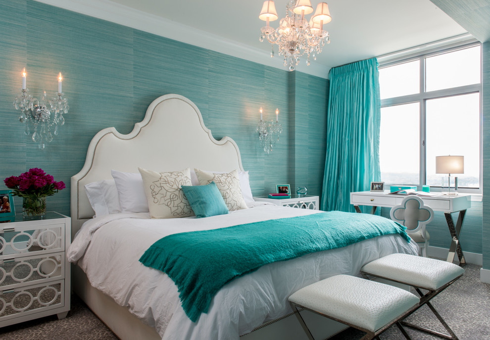 Traditional master bedroom in DC Metro with blue walls and carpet.