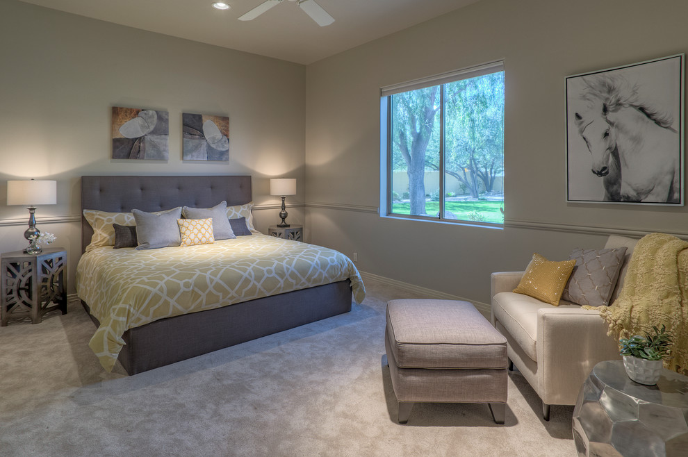 Inspiration for a large farmhouse carpeted bedroom remodel in Phoenix with gray walls and no fireplace