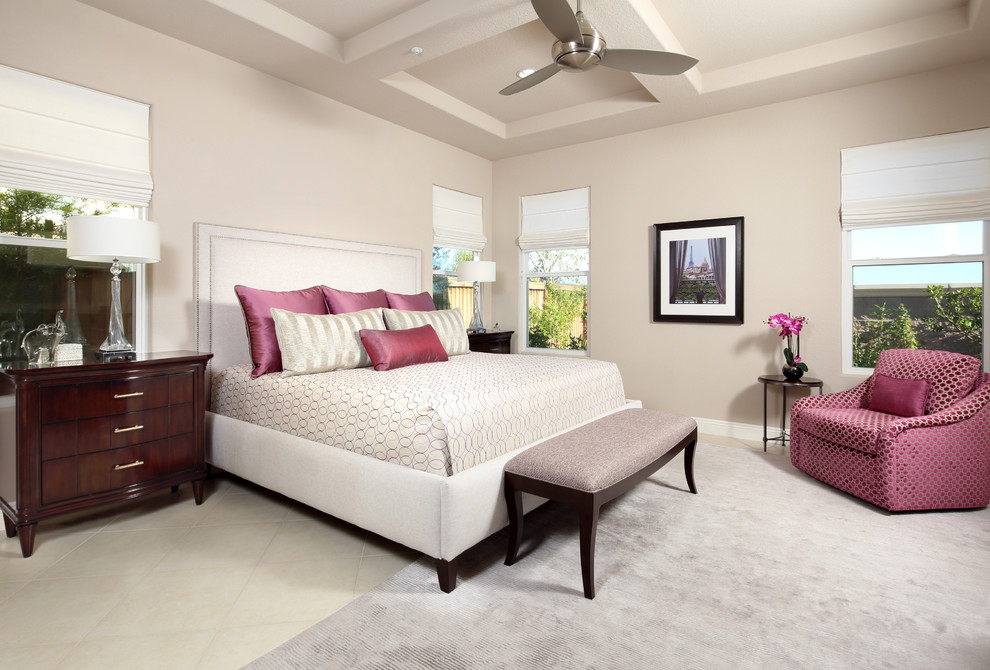 Huge trendy master travertine floor bedroom photo in San Francisco with beige walls and no fireplace