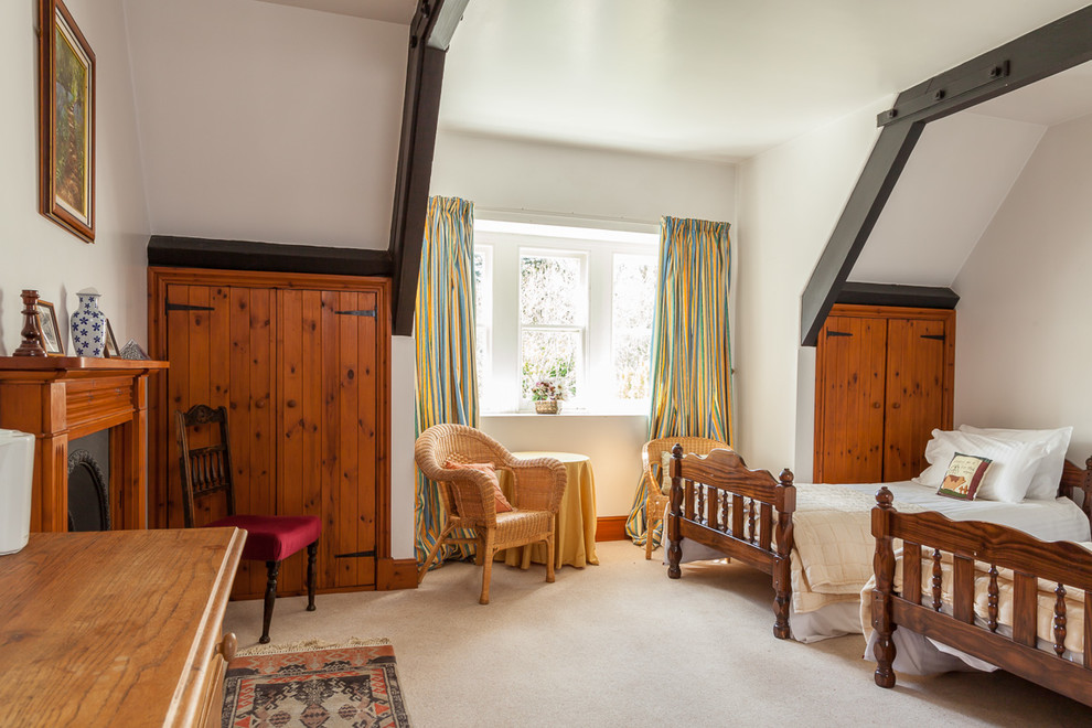 Cette image montre une chambre avec moquette traditionnelle avec un mur beige et une cheminée standard.