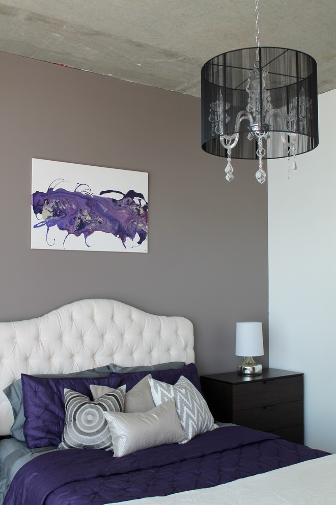 Photo of a medium sized classic master and grey and silver bedroom in Houston with grey walls and dark hardwood flooring.