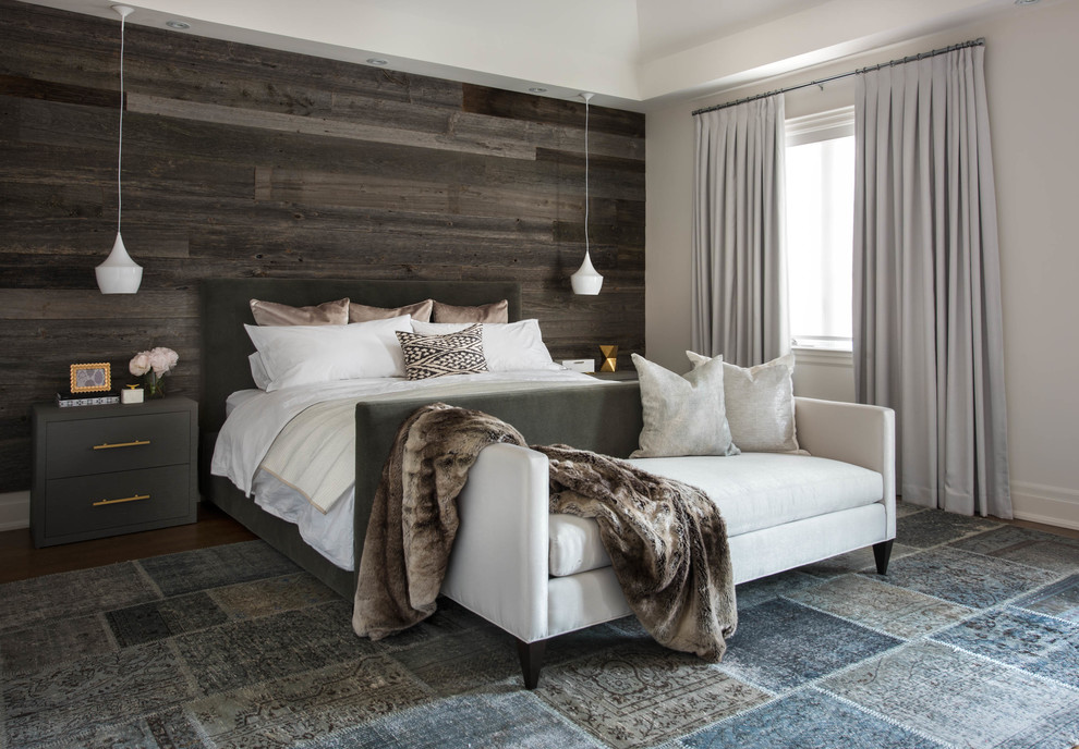 Ejemplo de dormitorio contemporáneo con paredes blancas, suelo de madera oscura y suelo gris