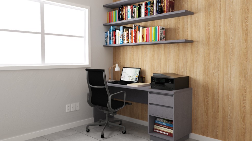 Idées déco pour un petit bureau moderne avec un mur beige, un sol en carrelage de céramique, aucune cheminée et un sol gris.