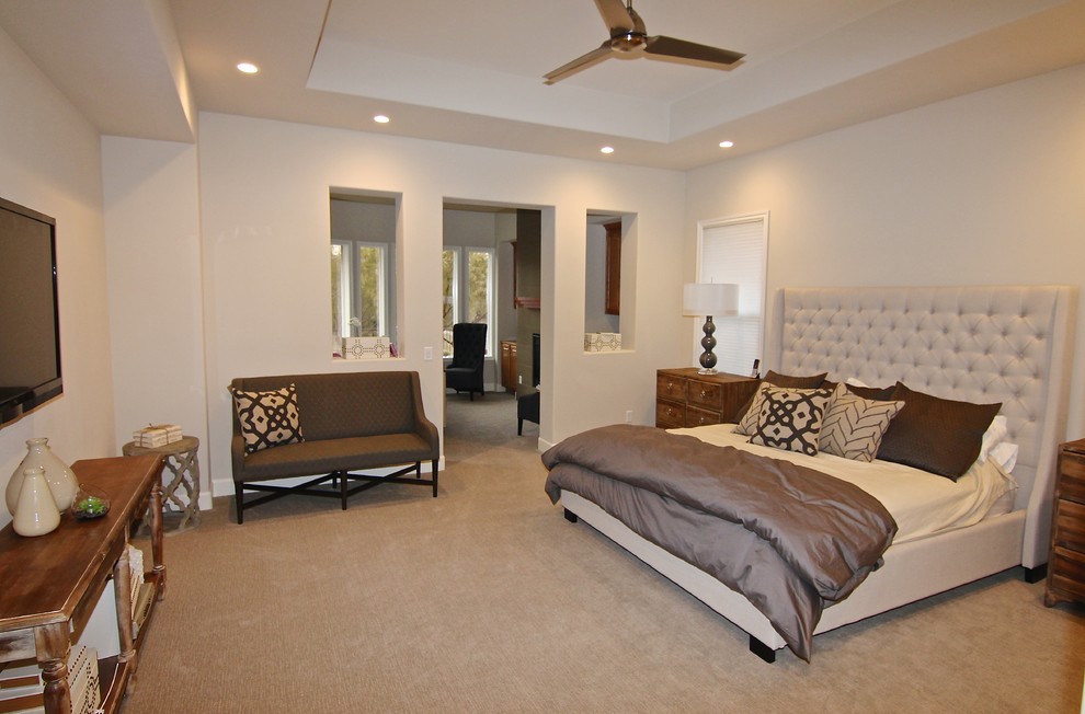 Inspiration for a large modern master carpeted bedroom remodel in Las Vegas with white walls