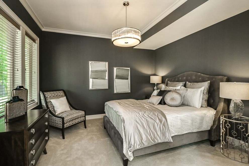 Design ideas for a large contemporary guest bedroom in Kansas City with grey walls, carpet and no fireplace.