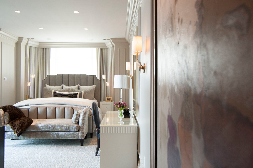 Imagen de dormitorio principal minimalista con moqueta y suelo azul