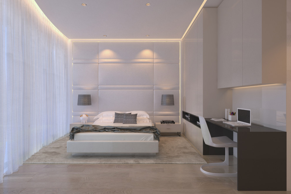 This is an example of a large modern guest bedroom in Miami with white walls and grey floors.
