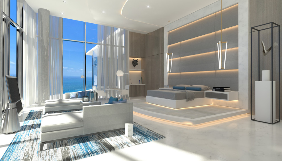 Design ideas for a large modern master bedroom in Miami with white walls and grey floors.