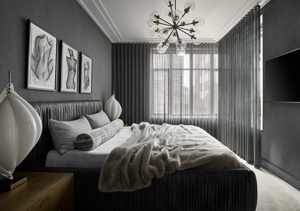 シカゴにある広いコンテンポラリースタイルのおしゃれな主寝室 (グレーの壁、カーペット敷き) のレイアウト