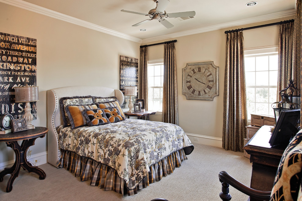 Bedroom - huge transitional guest carpeted and beige floor bedroom idea in Dallas with beige walls and no fireplace