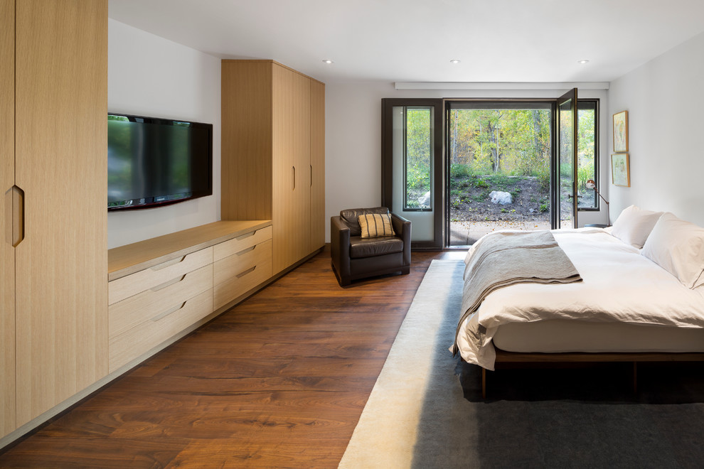 Foto di una grande camera degli ospiti minimal con pareti bianche e pavimento in legno massello medio