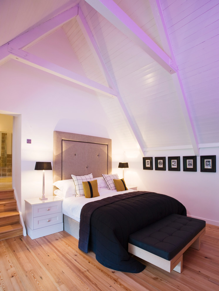 ダブリンにあるコンテンポラリースタイルのおしゃれな主寝室 (グレーの壁、淡色無垢フローリング)