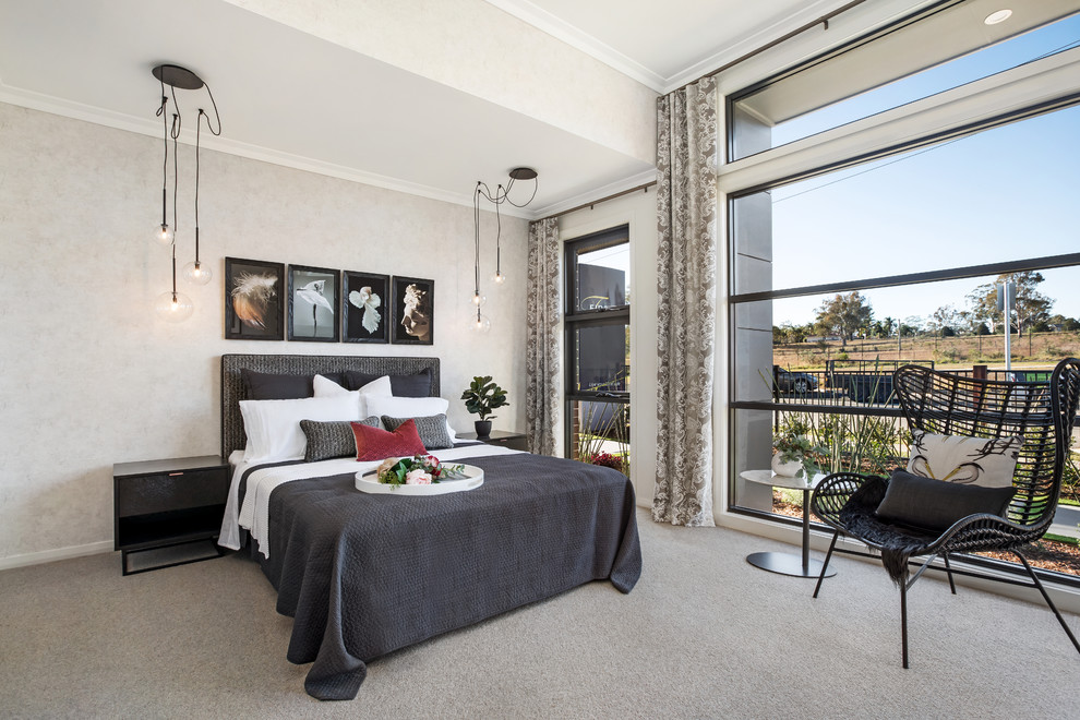 Bedroom - contemporary guest carpeted and beige floor bedroom idea in Sydney with beige walls