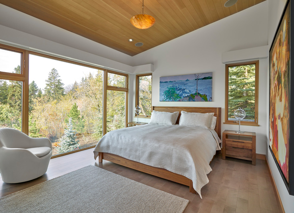This is an example of a contemporary bedroom in Edmonton with white walls, medium hardwood flooring and brown floors.