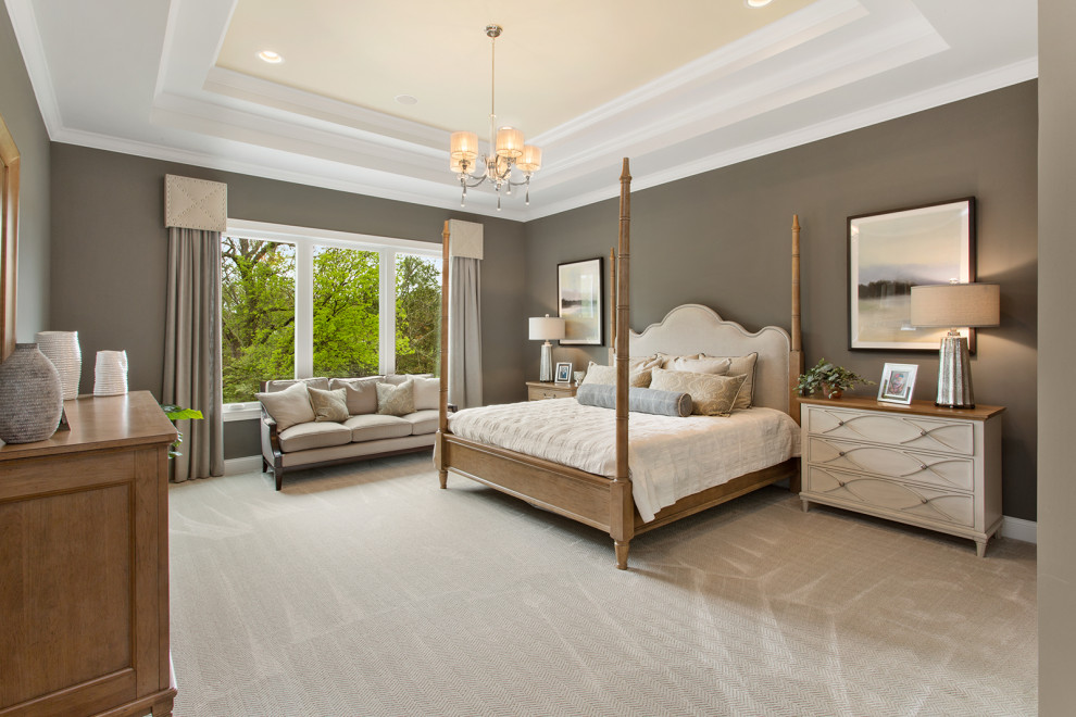 シンシナティにある巨大なトランジショナルスタイルのおしゃれな主寝室 (グレーの壁、カーペット敷き、グレーの床) のレイアウト