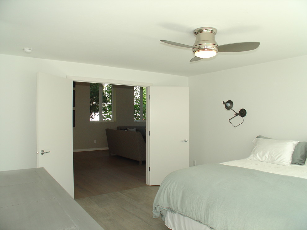 Photo of a contemporary master bedroom in Milwaukee with white walls, porcelain flooring and no fireplace.