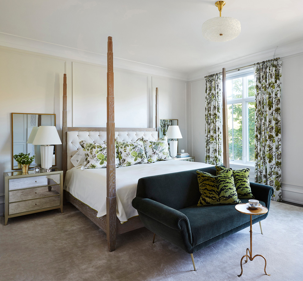 Esempio di una grande camera da letto contemporanea con pareti grigie, moquette e pavimento beige