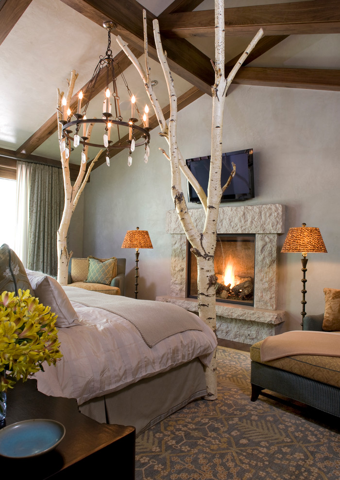 Inspiration for a contemporary bedroom remodel in Denver with a standard fireplace and a stone fireplace