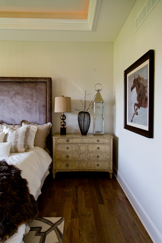 Bedroom - large modern master medium tone wood floor and brown floor bedroom idea in Kansas City with gray walls