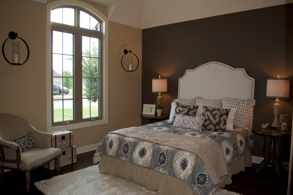 Photo of a medium sized contemporary guest bedroom in Other with beige walls, dark hardwood flooring and no fireplace.