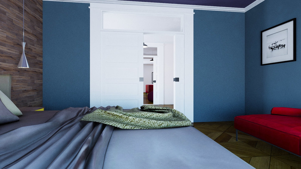Cette image montre une chambre parentale minimaliste de taille moyenne avec un mur bleu, un sol en bois brun et aucune cheminée.