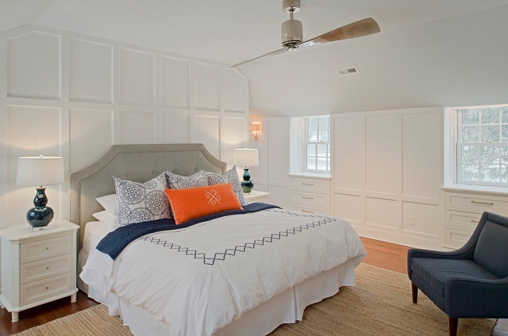Design ideas for a medium sized classic master bedroom in Baltimore with white walls, medium hardwood flooring and a standard fireplace.