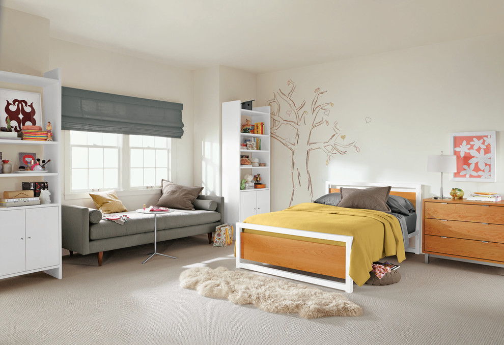 Idées déco pour une chambre grise et jaune contemporaine.