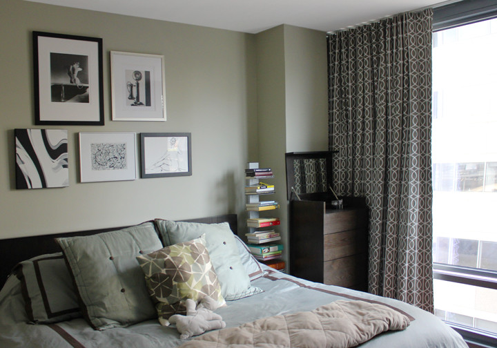 Photo of a medium sized contemporary master bedroom in Philadelphia with grey walls, medium hardwood flooring, no fireplace and brown floors.