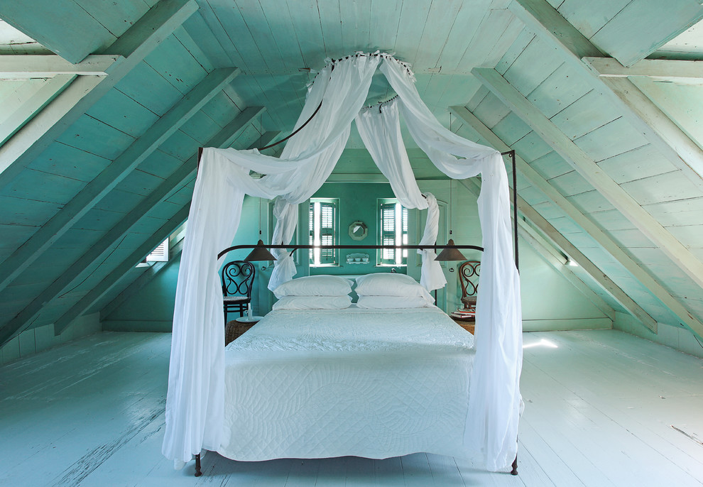 Bedroom - shabby-chic style painted wood floor and blue floor bedroom idea in New York with blue walls