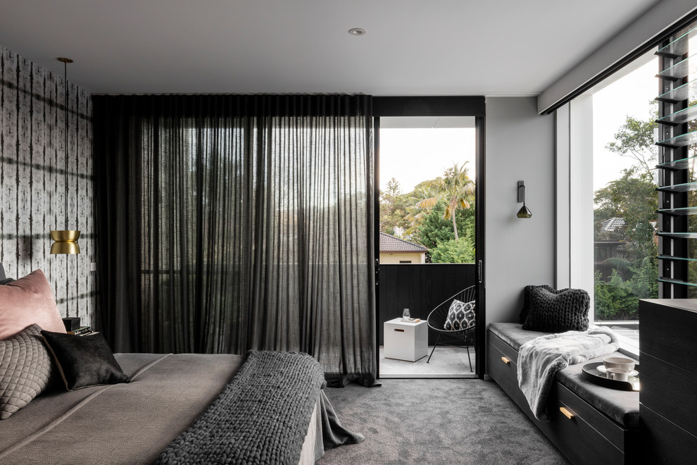Bedroom - large contemporary master carpeted bedroom idea in Sydney with gray walls