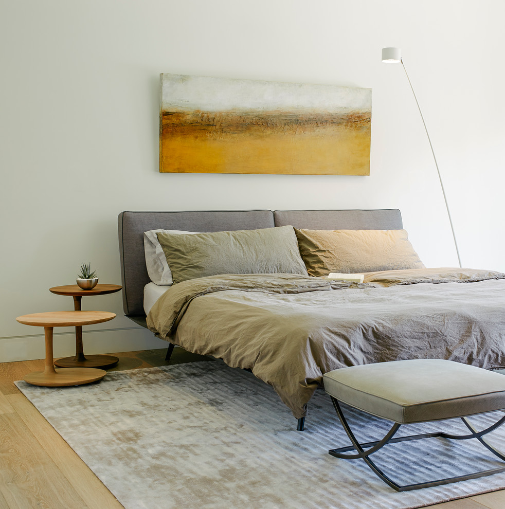 バンクーバーにある中くらいなコンテンポラリースタイルのおしゃれな寝室 (白い壁、淡色無垢フローリング) のインテリア