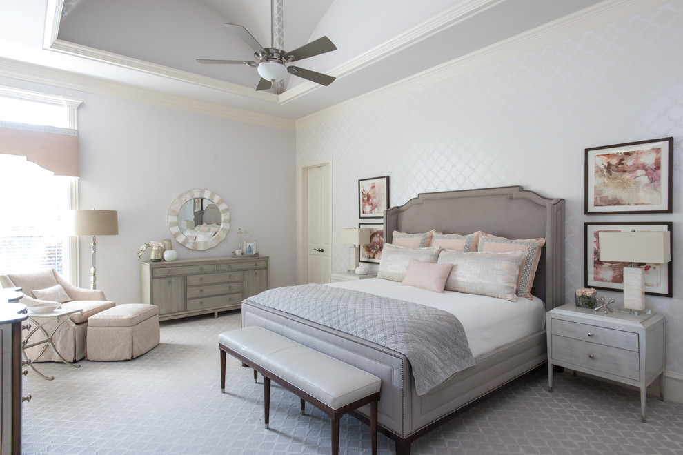 Design ideas for a large traditional master and grey and silver bedroom in Dallas with white walls, carpet, no fireplace and feature lighting.