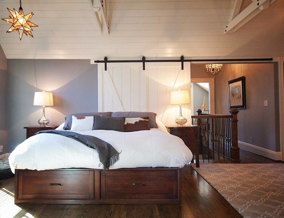 Medium sized classic master bedroom in Atlanta with purple walls and dark hardwood flooring.