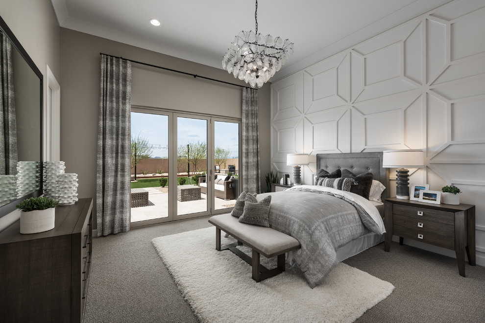 Example of a transitional carpeted and gray floor bedroom design in Phoenix with gray walls and no fireplace