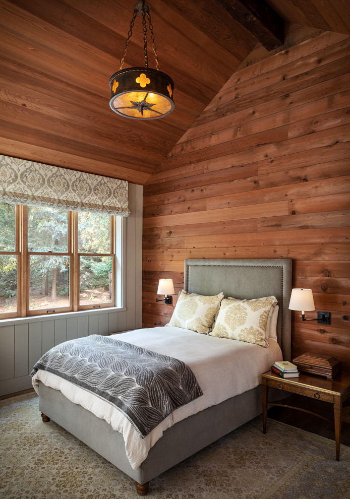 Bedroom - mid-sized rustic guest medium tone wood floor bedroom idea in San Francisco with brown walls