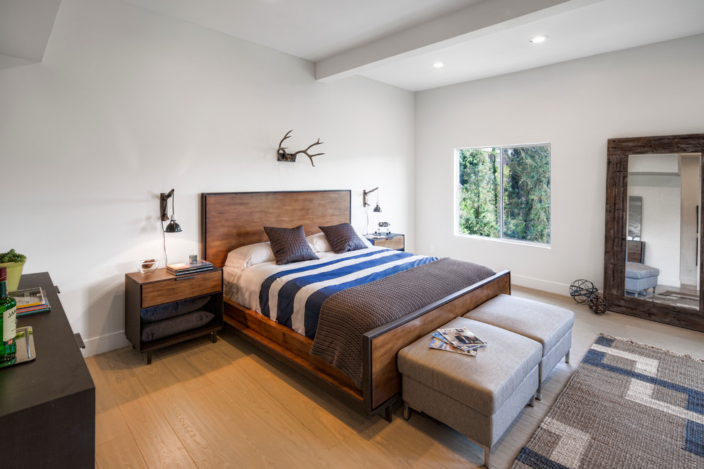 Ejemplo de dormitorio principal actual grande con paredes blancas, suelo de madera clara y marco de chimenea de baldosas y/o azulejos