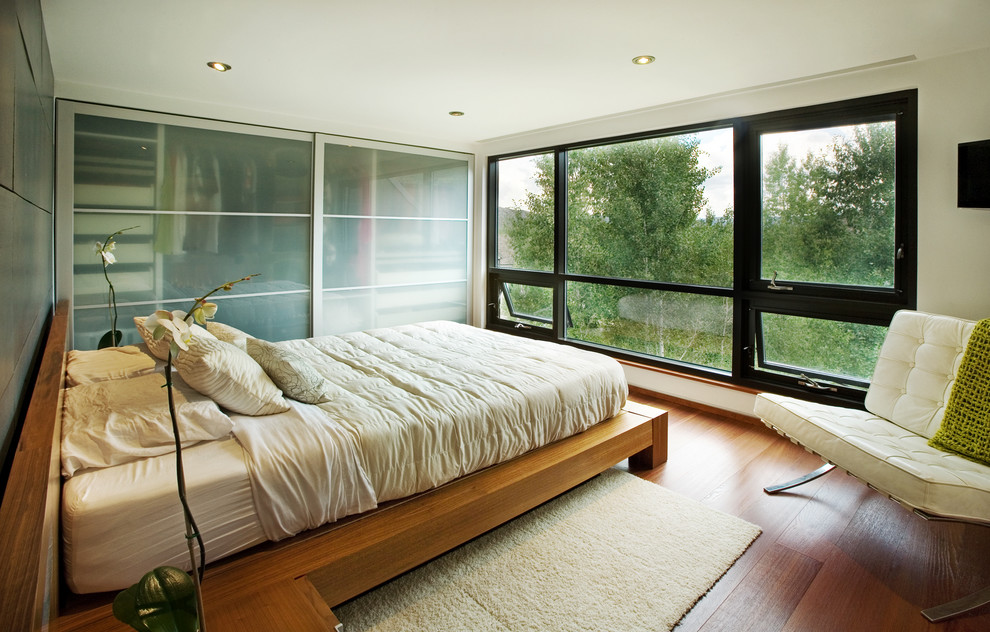 Свежая идея для дизайна: спальня в современном стиле с бежевыми стенами и паркетным полом среднего тона - отличное фото интерьера