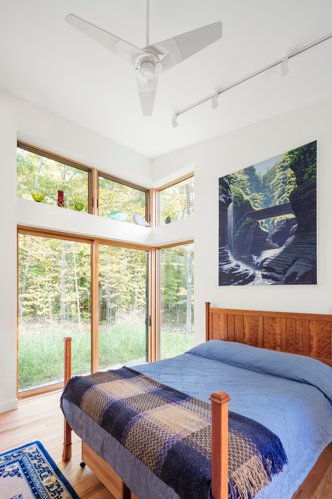 Diseño de habitación de invitados ecléctica de tamaño medio sin chimenea con paredes blancas, suelo de madera en tonos medios y suelo beige