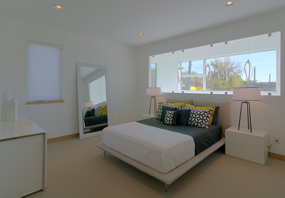 Стильный дизайн: хозяйская спальня среднего размера в стиле модернизм с белыми стенами и ковровым покрытием - последний тренд