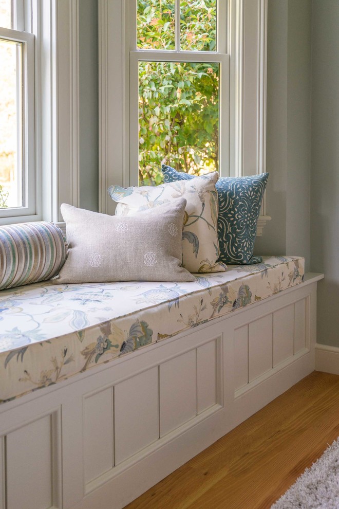 Design ideas for a medium sized rural master bedroom in Boston with light hardwood flooring.