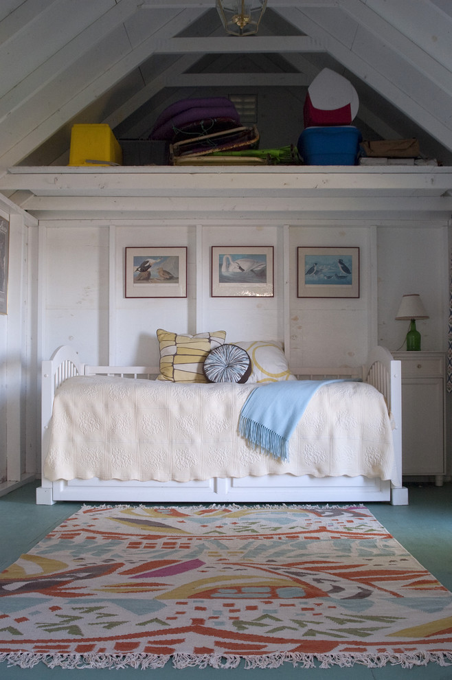Mountain style painted wood floor bedroom photo in Portland Maine with white walls